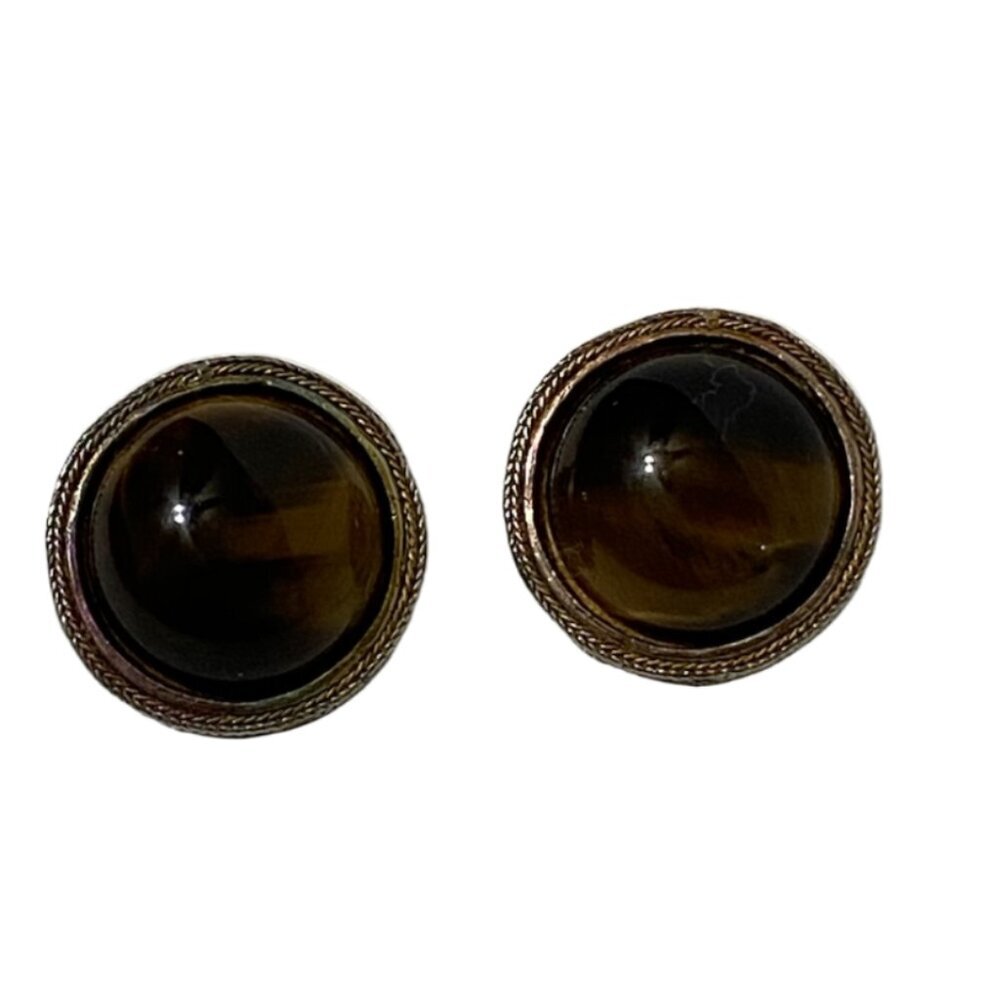 Beautiful VINTAGE LAZULI Brand Tigers Tiger Eye CLIP Earrings Silver Tone VTG